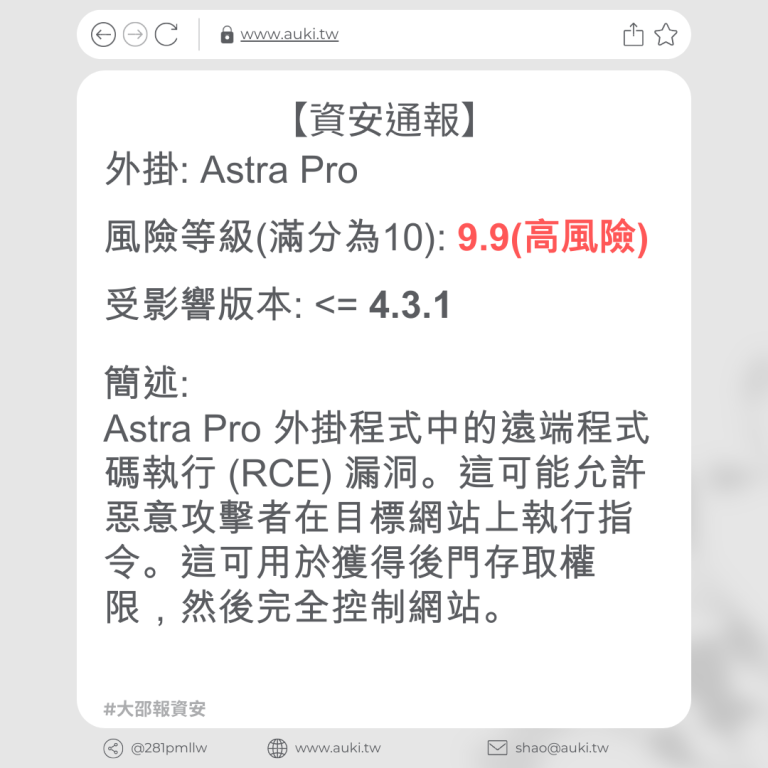 【資安通報】Astra Pro <= 4.3.1