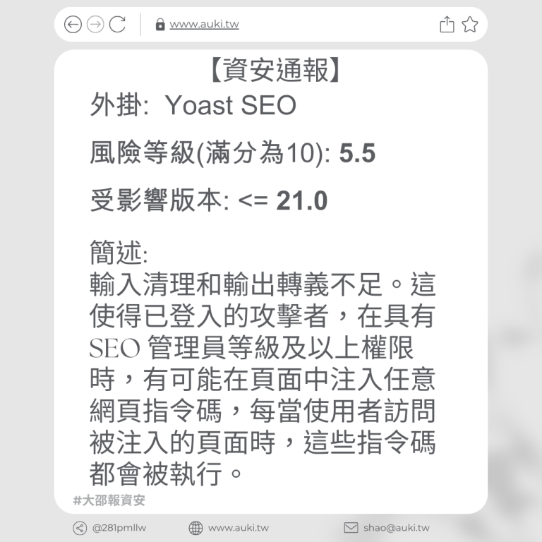 【資安通報】Yoast SEO <= 21.0