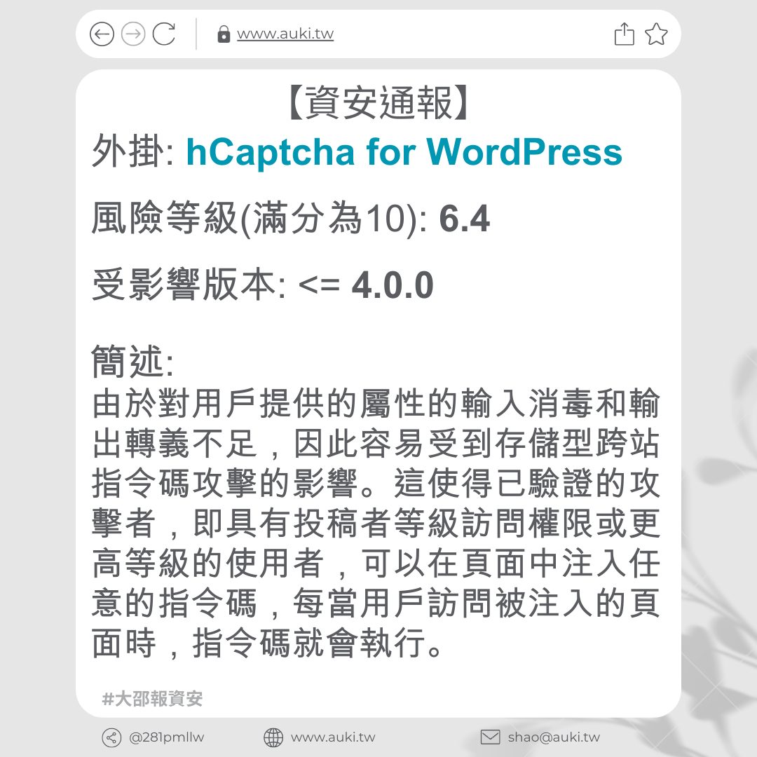 【資安通報】hCaptcha for WordPress <= 4.0.0